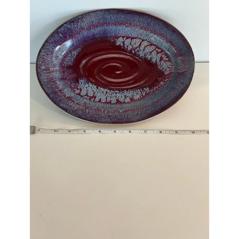Jason Silverman Signed Glazed Ceramic Unique Decorative Plate Blue & Red